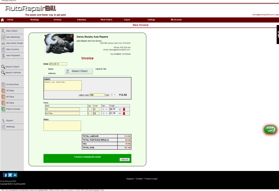 screenshot of Auto Repair Bill